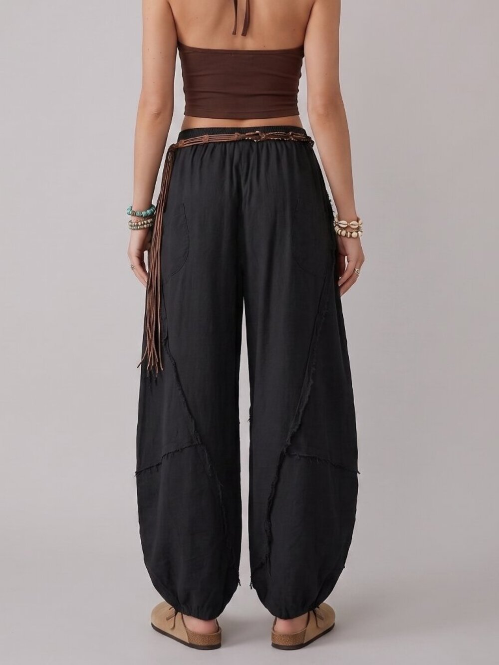 Women's Black Cotton Harem Pants Elastic Waist Raw Edge Fringe Boho Trousers - Picture 2 of 3